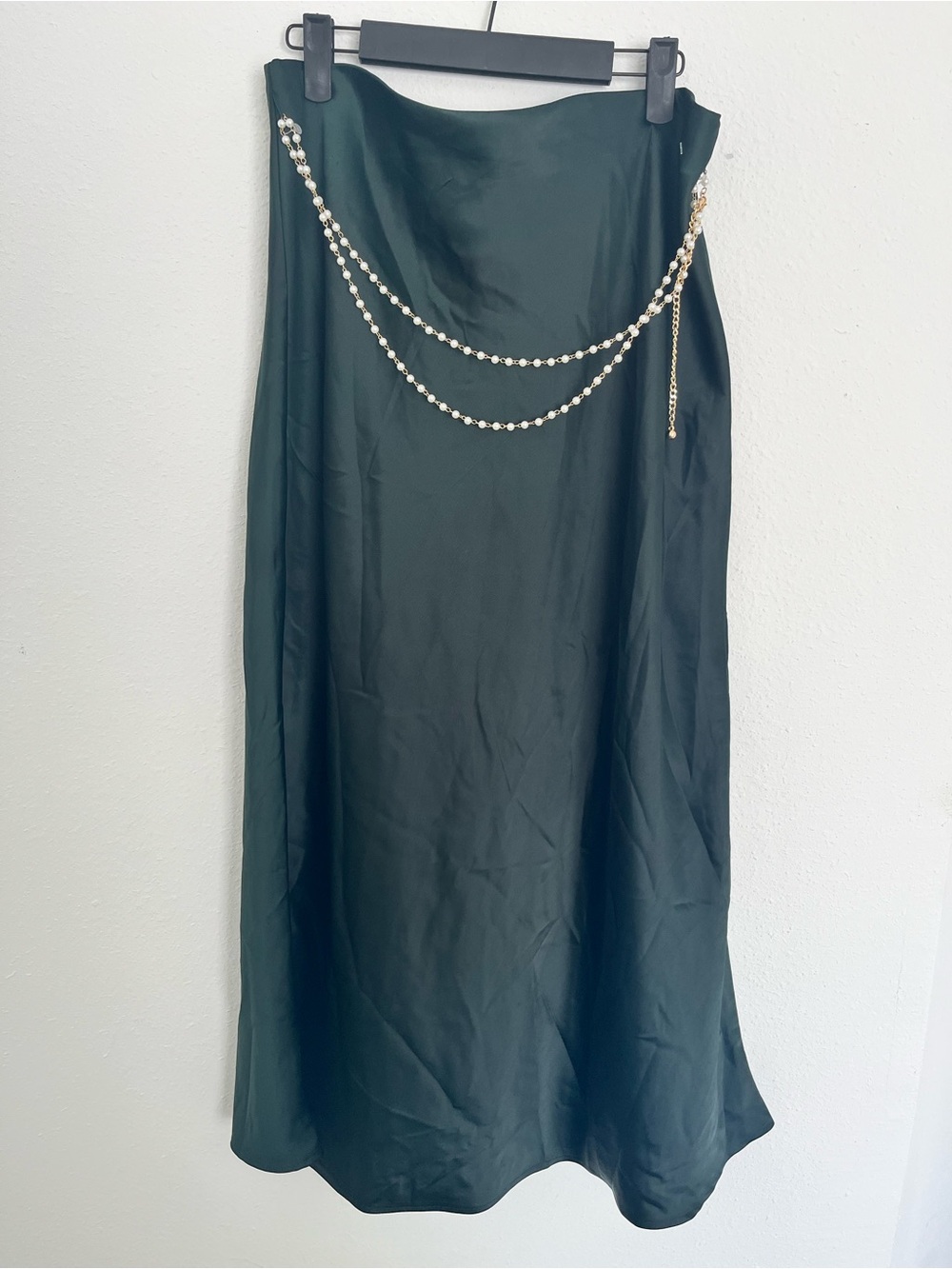 Rachel Zoe Dark Emerald Satin Maxi Skirt with Pearl & Gold Chain